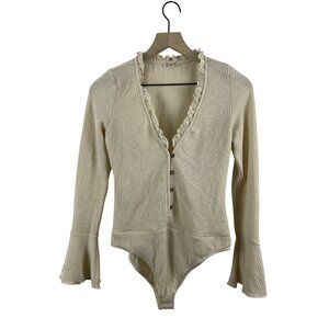 Free People Women's Medium Ribbed Bell Sleeve Ruffle Button V-Neck Bodysuit